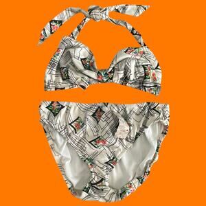 70's 80's vintage white and black floral striped bikini Size 11 *deadstock*